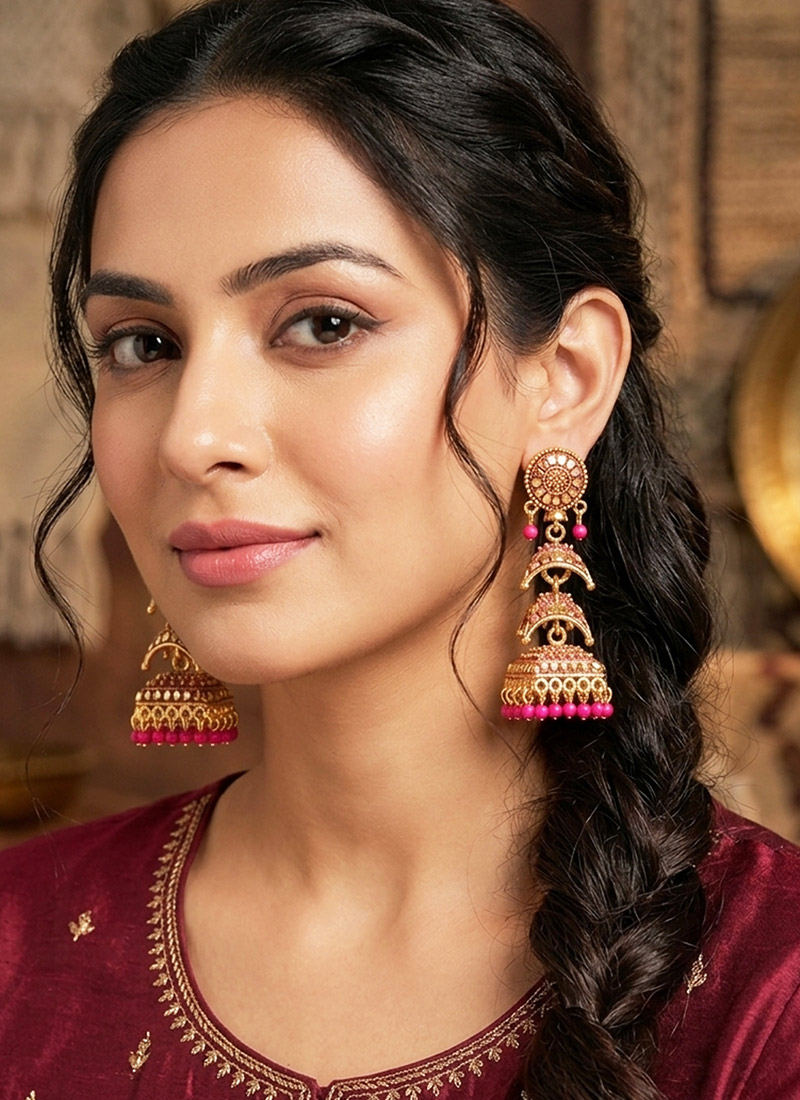 Pink Gold Plated Enamelled DomeShaped Jhumka Earrings After Six Wear
