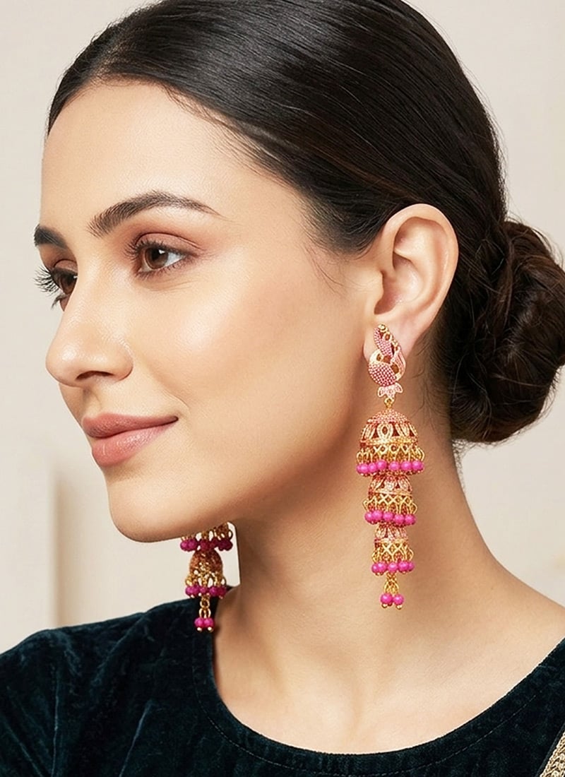 Pink Gold Plated Enamelled DomeShaped Jhumka Earrings After Six Wear