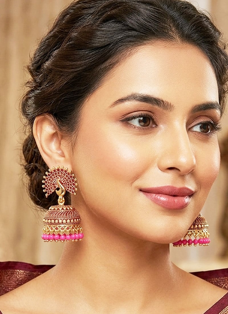 Pink Gold Plated Enamelled DomeShaped Jhumka Earrings After Six Wear