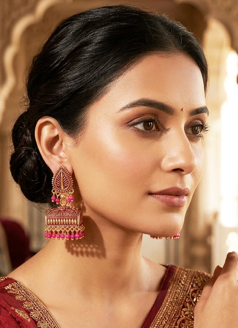 Pink Gold Plated Enamelled LeafShaped Jhumka Earrings After Six Wear