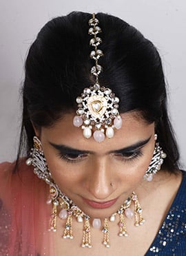 Pink Gold Plated Kundan And Beads Mangtikka