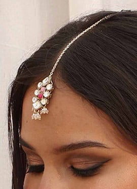 Pink Gold Plated Kundan And Beads Mangtikka