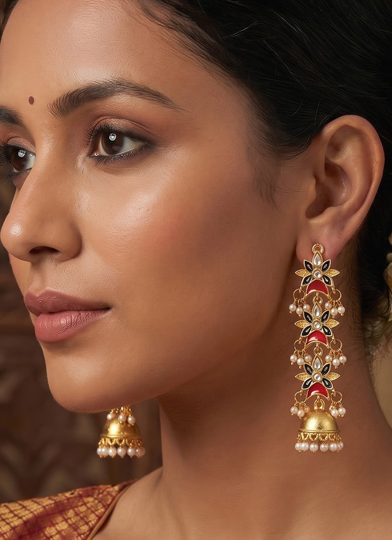 Pink Golden Floral Jhumka Chandelier Earrings After Six Wear