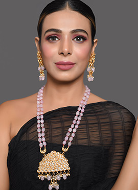 Pink Golden Moti Kundan Necklace Set