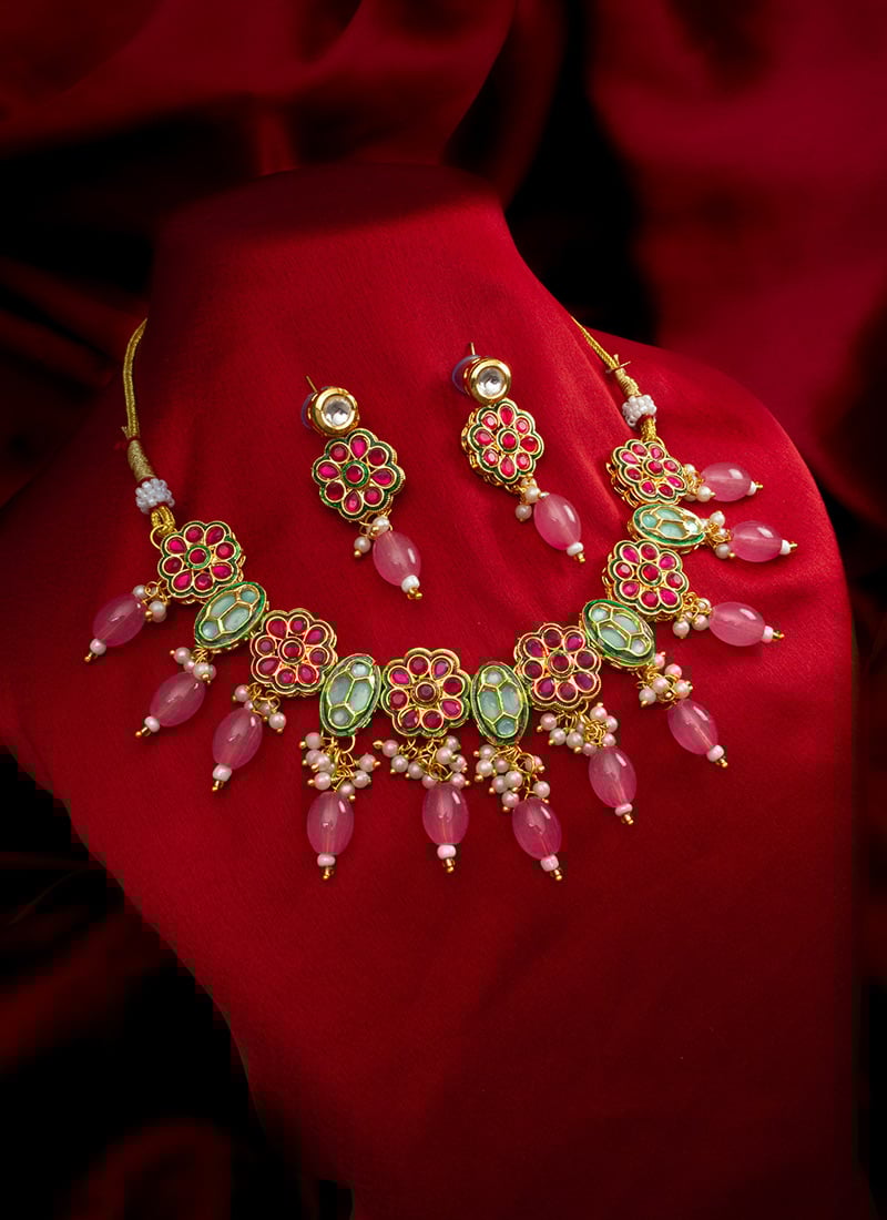 Pink Golden Plated Kundan And Meenakari Beads Work Necklace Set Festive Wear-JYSPFMNK4737
