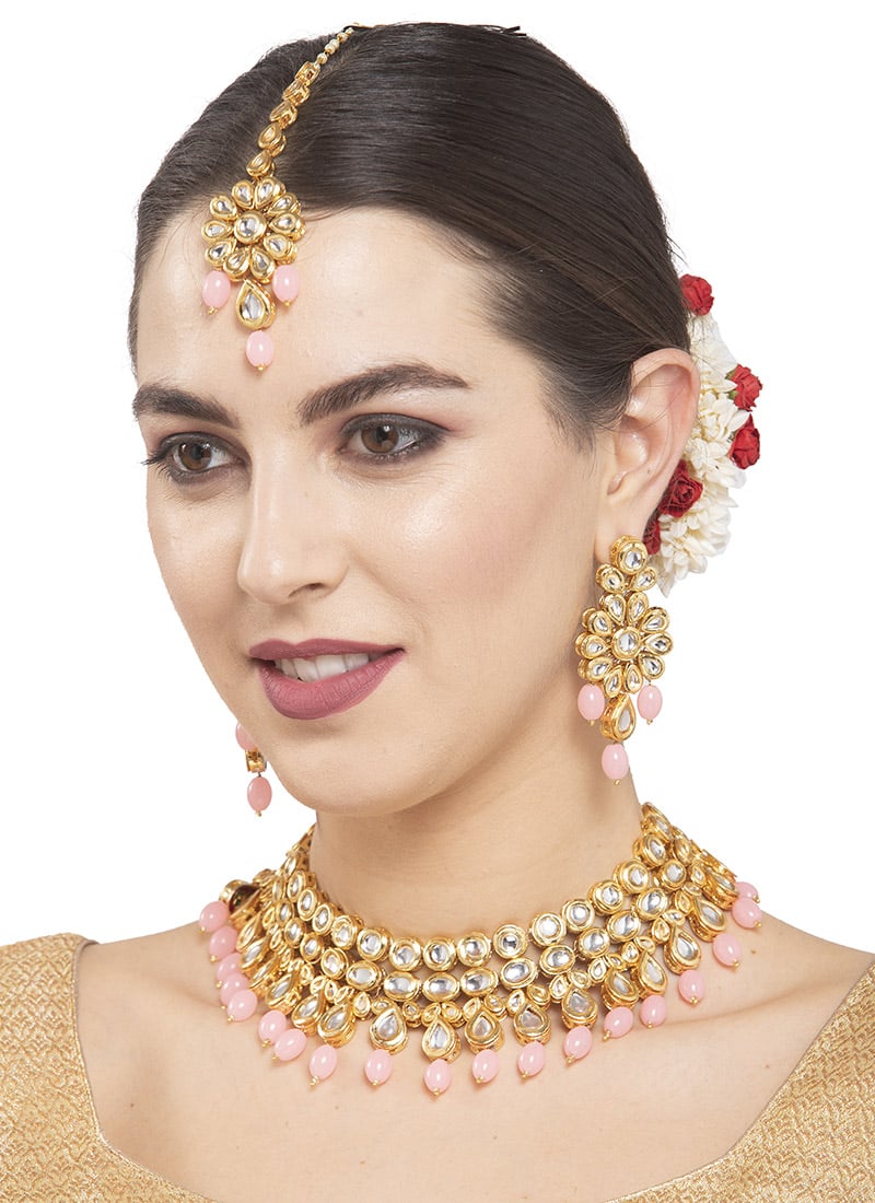 Pink Golden Plated Kundan Moti Necklace Set Wedding Wear
