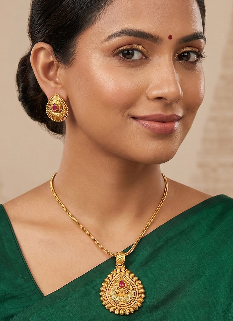 Pink Golden Teardrop Pendant Set Festive Wear