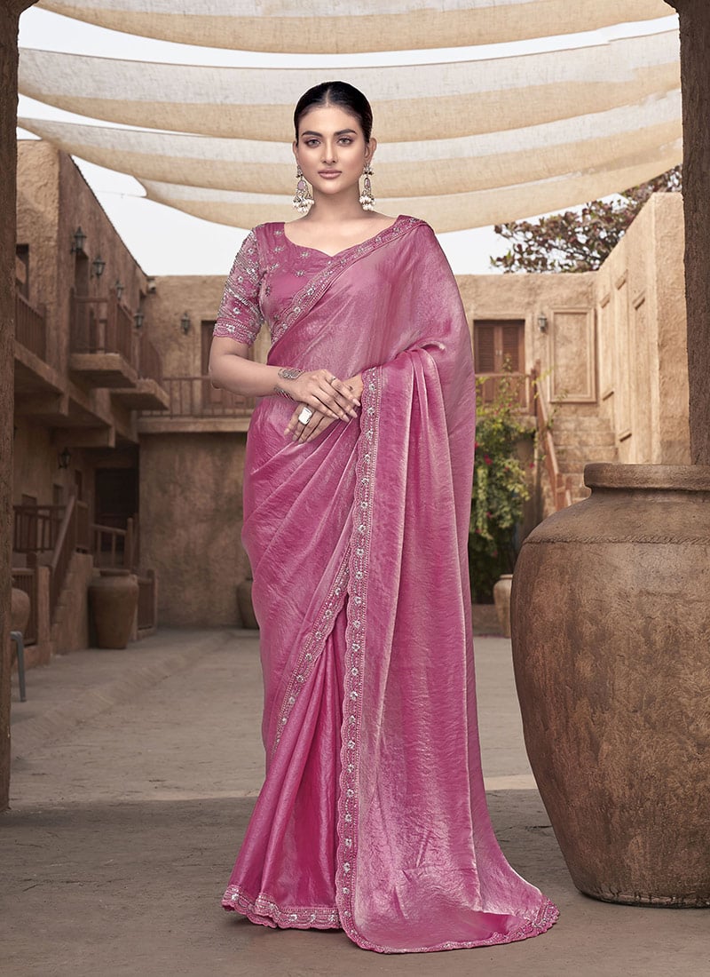 Pink Gradient Satin Silk Embroidered Beads Sequins Saree Wedding Wear