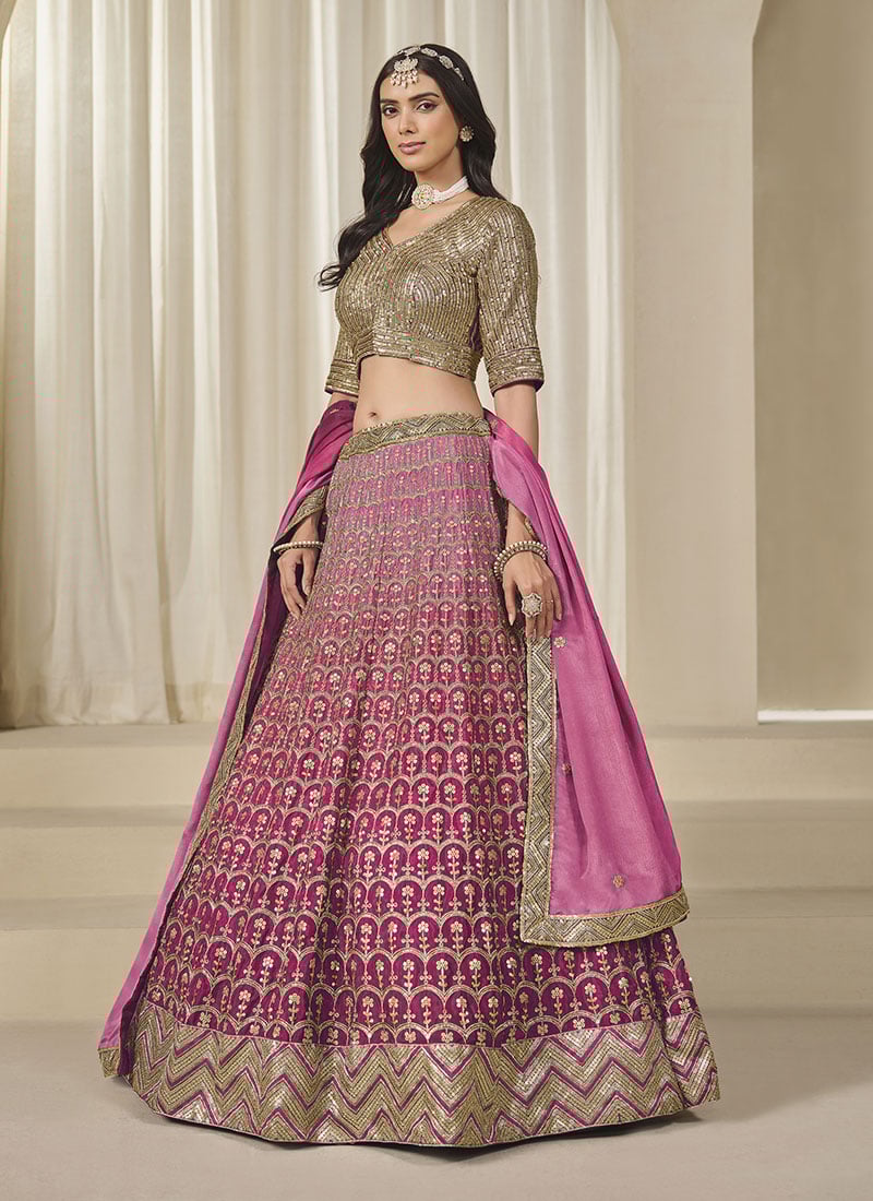 Pink Chinon Silk Zari Embroidered Sequins Lehenga Wedding Wear-GHSDC1084