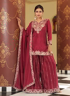 Pink Green Chinon Silk Zari Embroidered Sequins Palazzo Suit