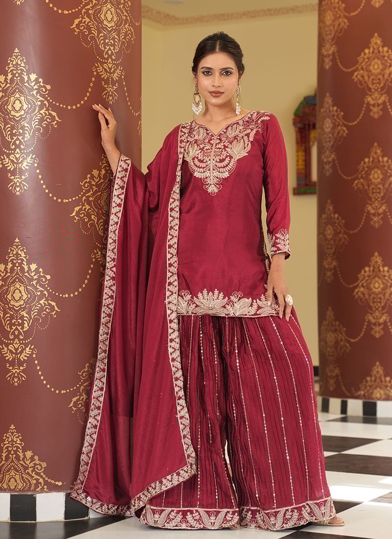 Pink Green Chinon Silk Zari Embroidered Sequins Palazzo Suit Festive Wear