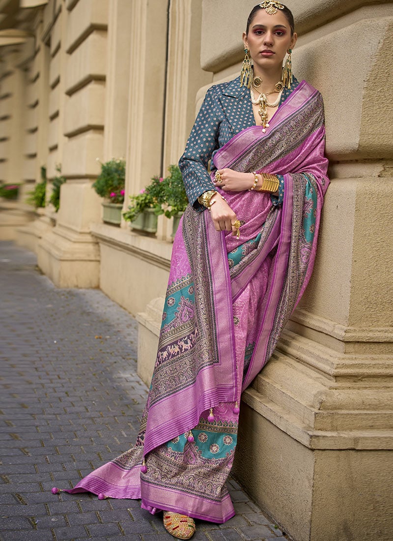Pink Green Silk Foil Print Saree Festive Wear