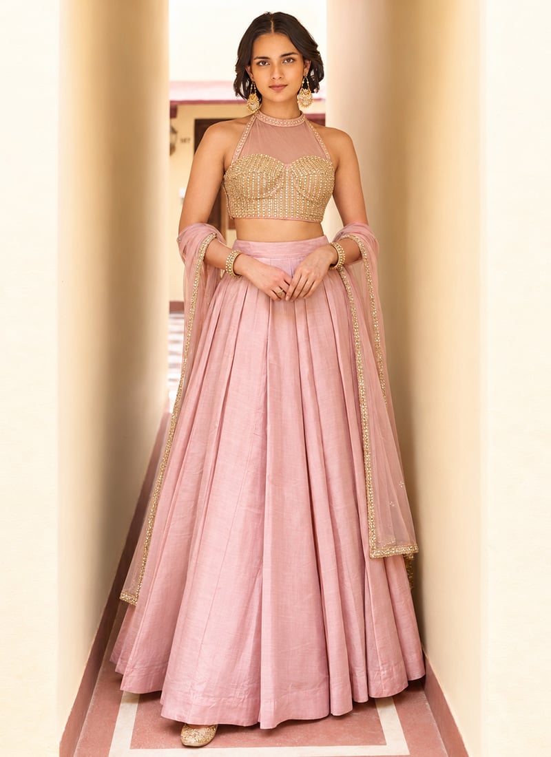 Pink Halter Neck Embroidered Sequins Embellished Silk Lehenga After Six Wear