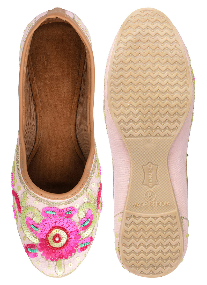 Pink Hand Embroidered Sequins And Bead Work Juti