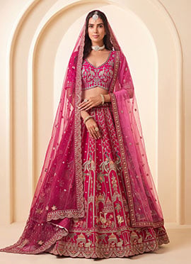 Pink Hand Embroidered Sequins Zari Work Silk Lehenga