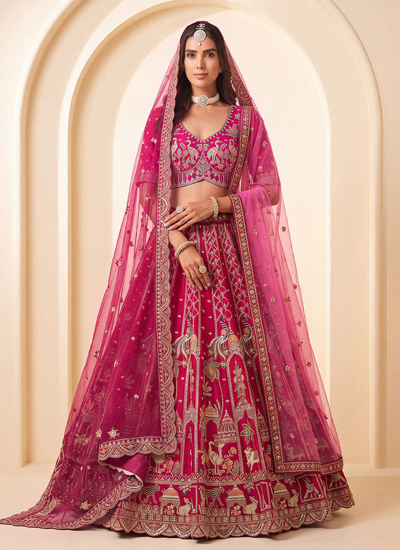 Pink Hand Embroidered Sequins Zari Work Silk Lehenga Wedding Wear