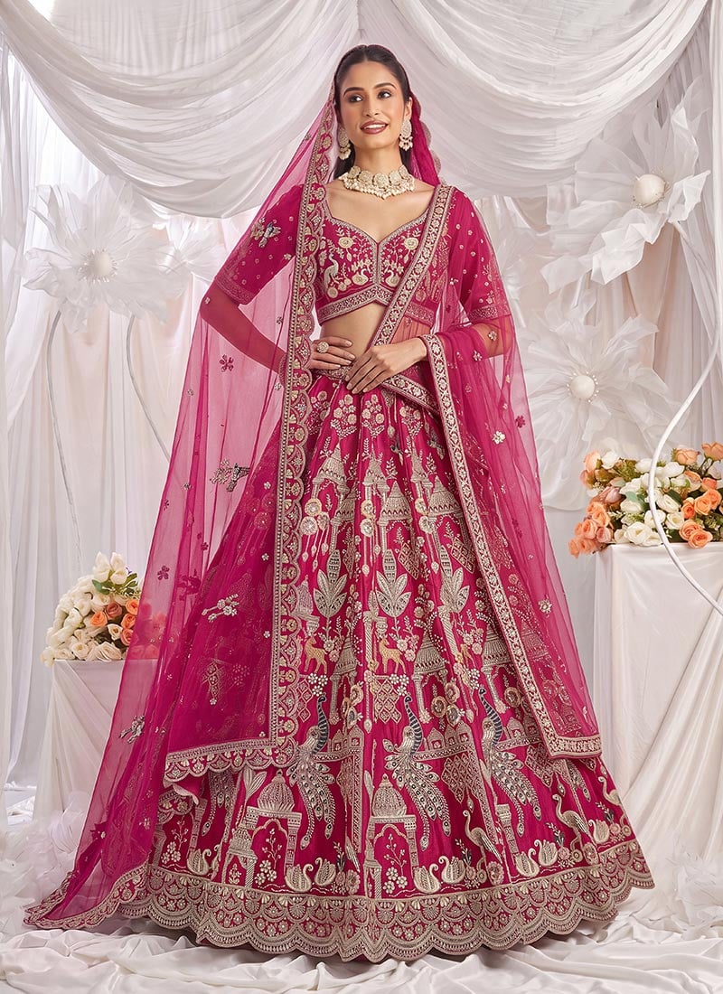 Pink Hand Embroidered Sequins Zari Work Silk Lehenga Wedding Wear
