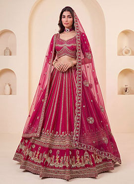 Pink Hand Embroidered Sequins Zari Work Silk Lehenga