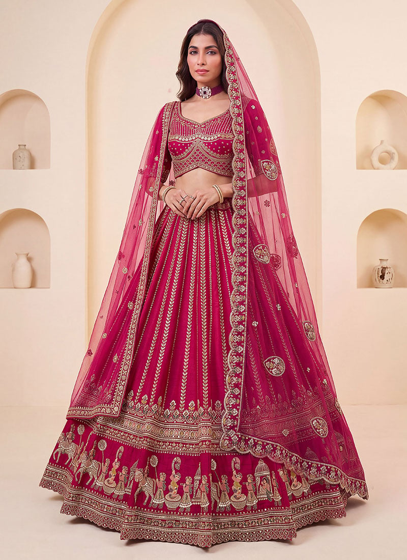 Pink Hand Embroidered Sequins Zari Work Silk Lehenga Wedding Wear