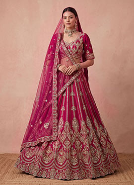 Pink Hand Embroidered Sequins Zari Work Silk Lehenga
