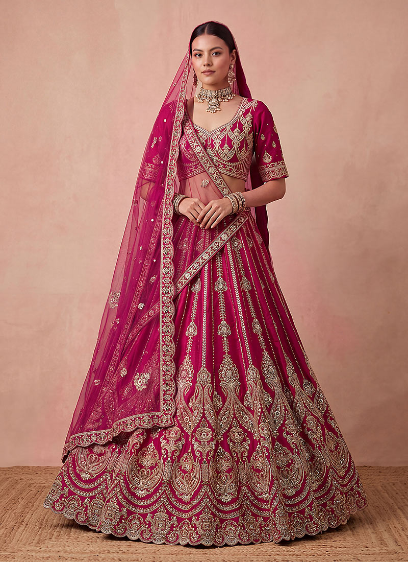 Pink Hand Embroidered Sequins Zari Work Silk Lehenga Wedding Wear