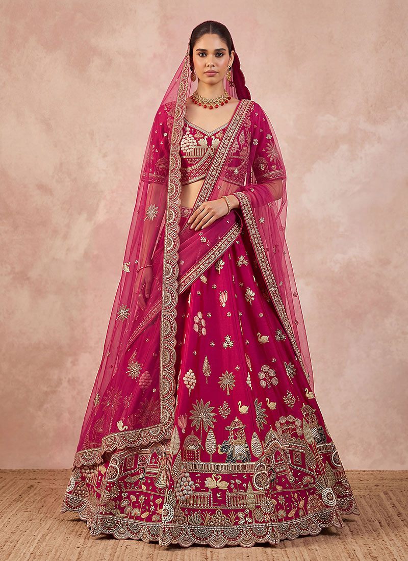 Pink Hand Embroidered Sequins Zari Work Silk Lehenga Wedding Wear