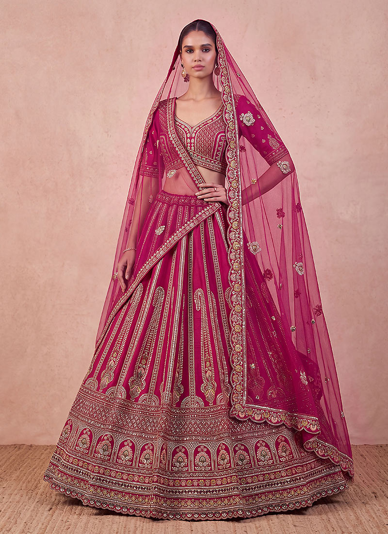Pink Hand Embroidered Sequins Zari Work Silk Lehenga Wedding Wear