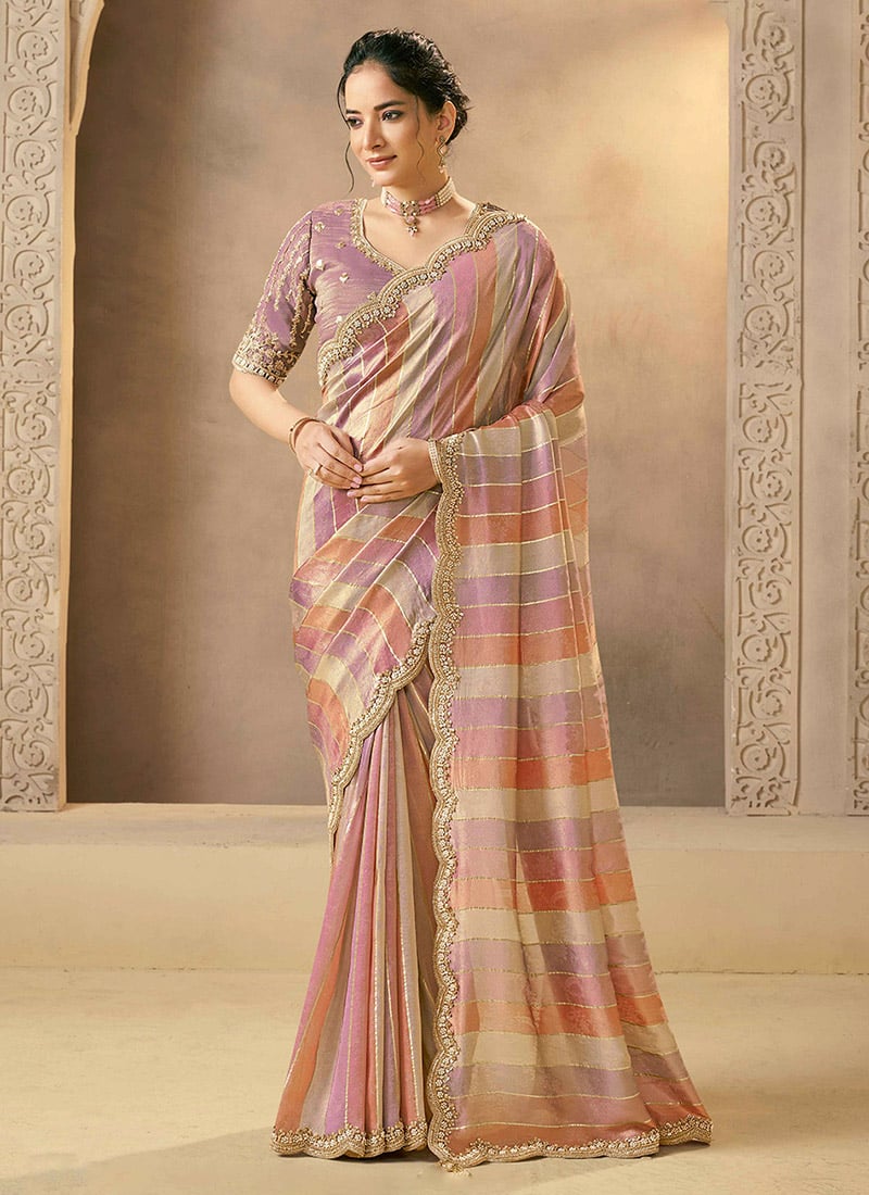 Pink Handloom Banarasi Tissue Beads Hand Embroidered Sequins Zari Saree Wedding Wear