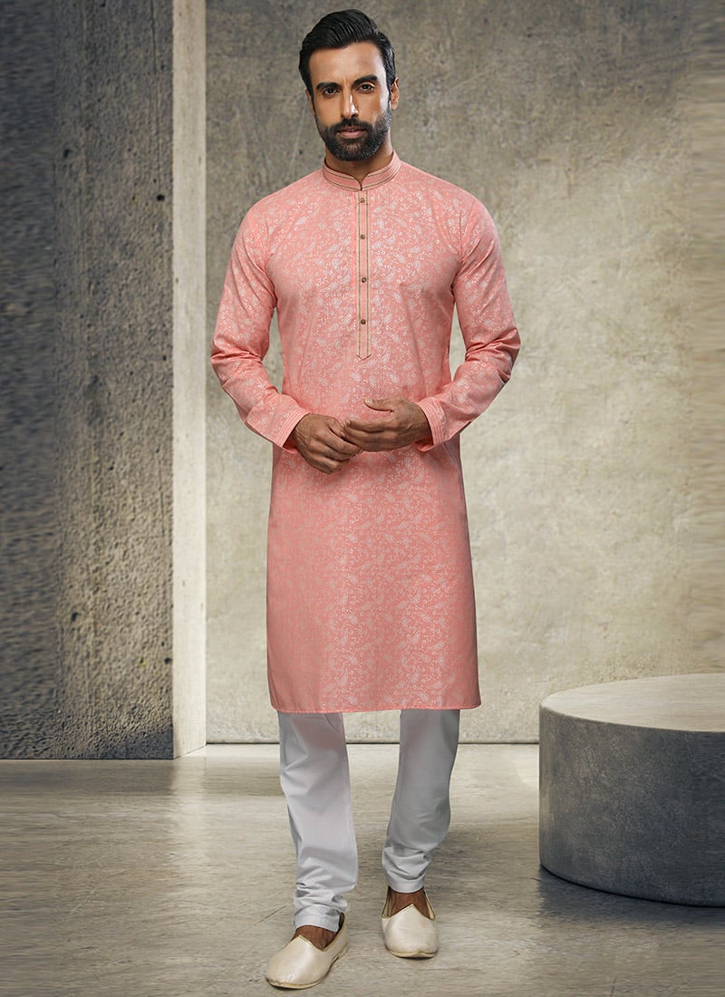 Pink Handloom Cotton Kurta Pyjama Party Wear