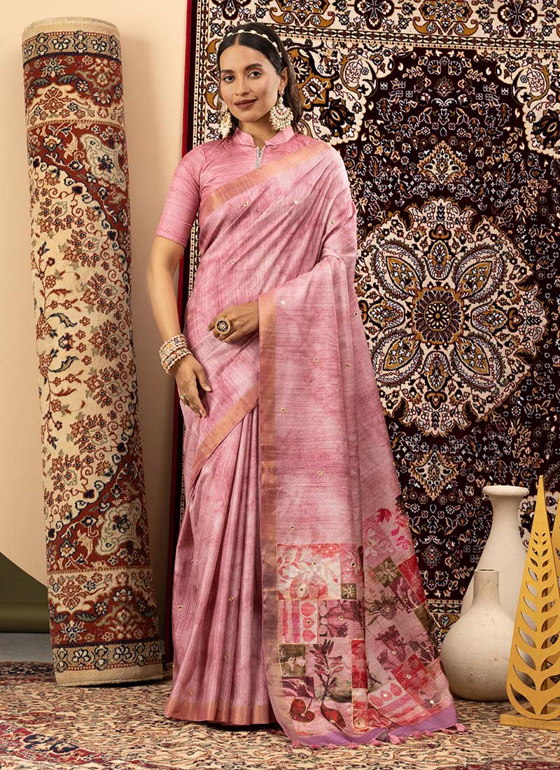 Pink Handloom Silk Thread And Digital Print Saree Festive Wear