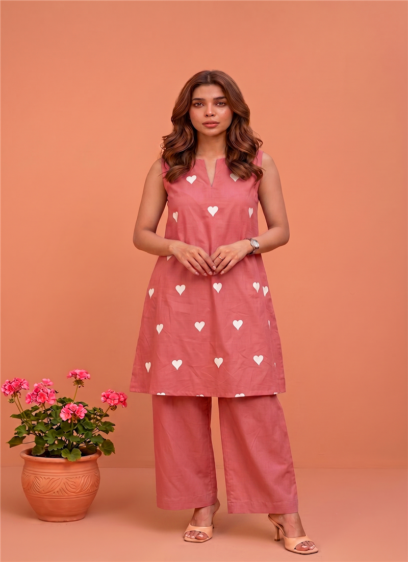 Pink Heart Print Sleeveless Cotton Kurta Pant Set After Six Wear