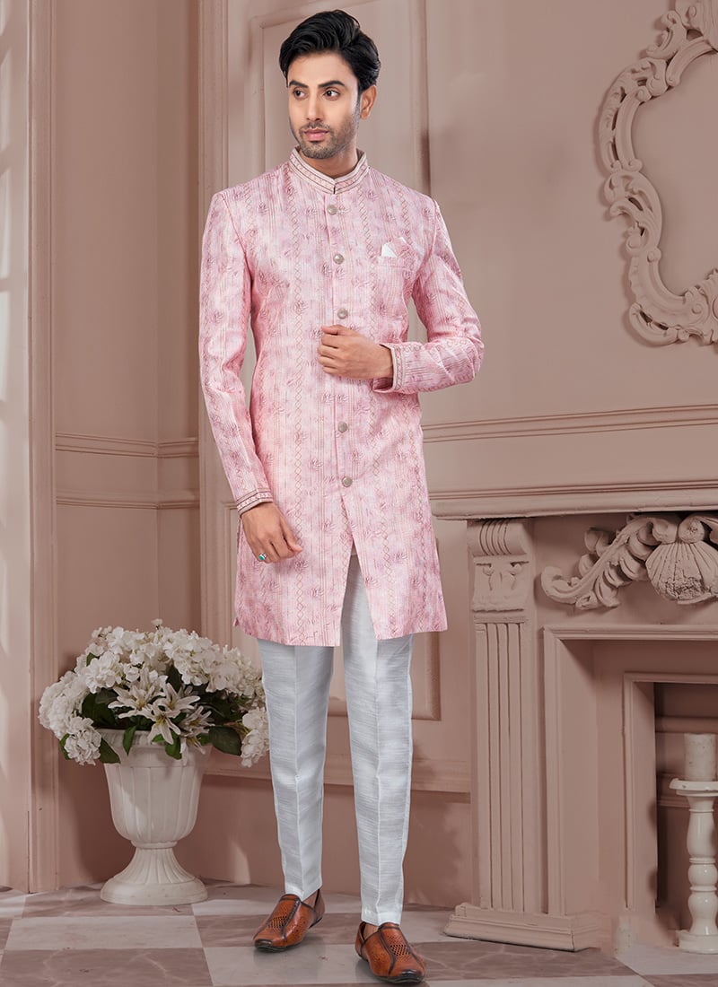 Pink Imported Silk Embroidered Sequins Indowestern Sherwani Festive Wear