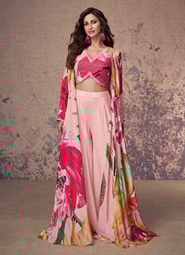 Pink Indowestern Floral Digital Print With Long Jacket And Cut Dana Work Crop Top