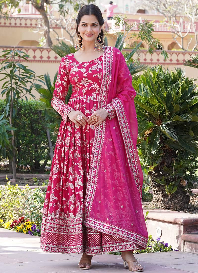 Pink Jacquard Embroidered Sequins Anarkali Gown Party Wear