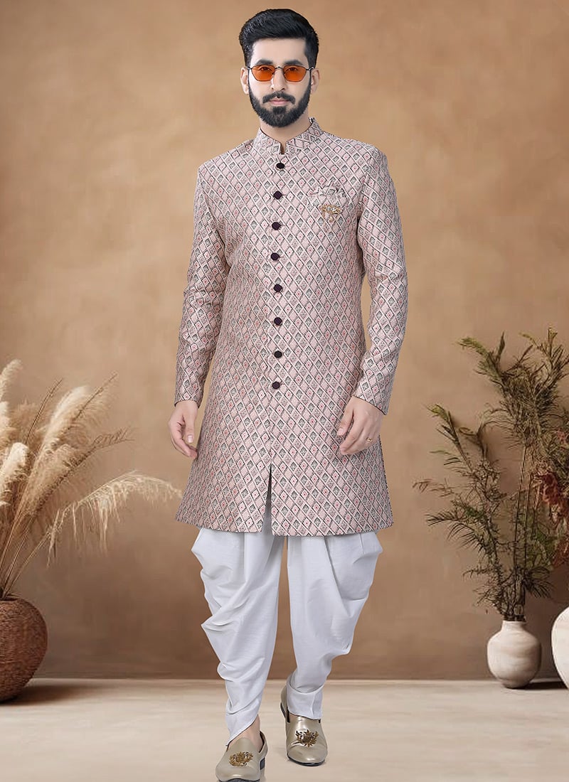 Pink Jacquard Indowestern Sherwani Wedding Wear