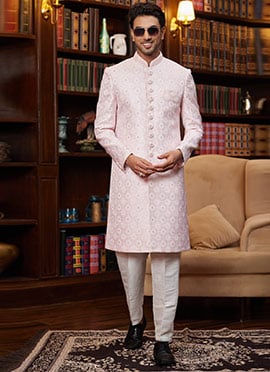 Pink Jacquard Silk Beads Sequins Hand Work Indowestern Sherwani