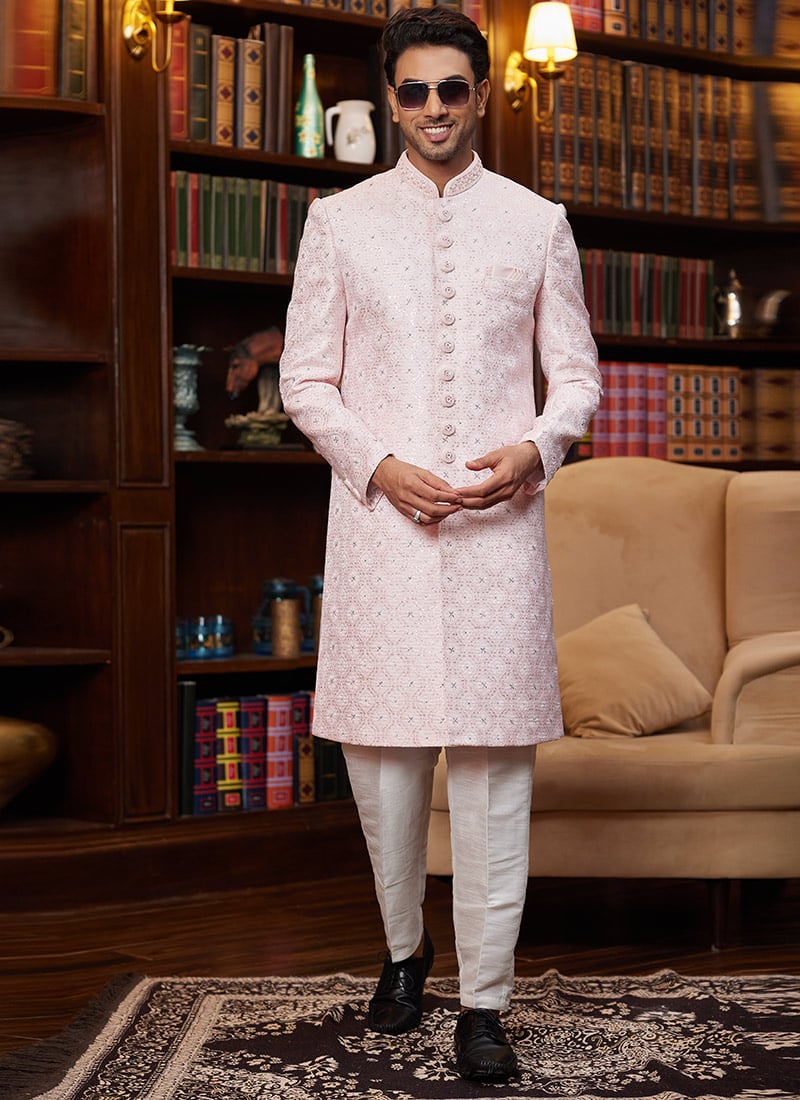Pink Jacquard Silk Beads Sequins Hand Work Indowestern Sherwani Wedding Wear