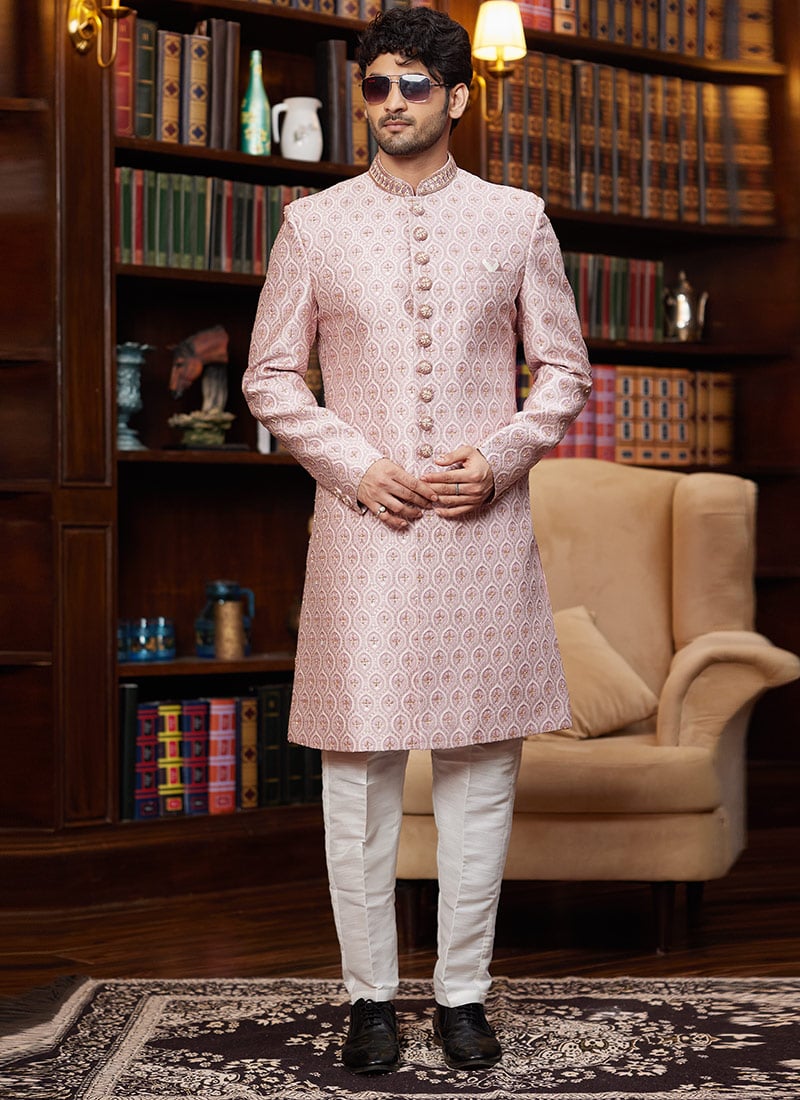 Pink Jacquard Silk Beads Sequins Hand Work Indowestern Sherwani Wedding Wear