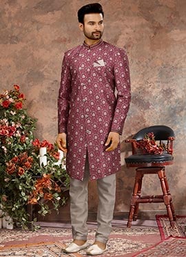 Pink Jacquard Silk Digital Printed Classic Sherwani