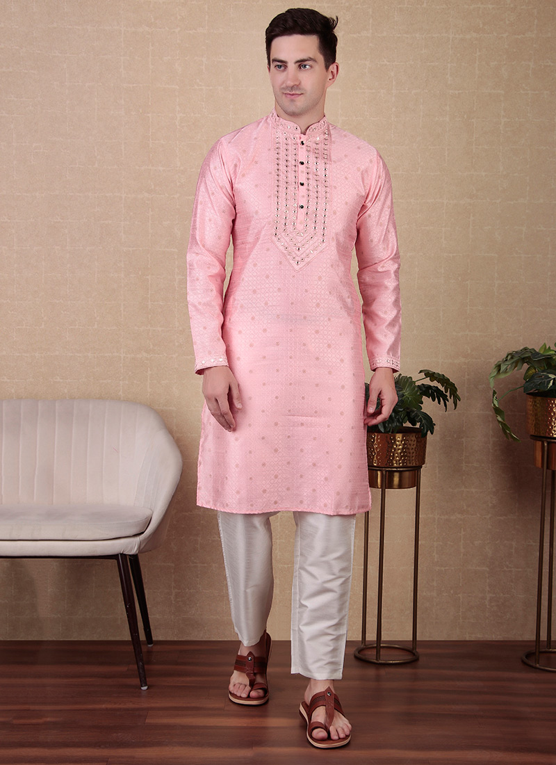 Pink Jacquard Silk Embroidered Kurta Pyjama Festive Wear
