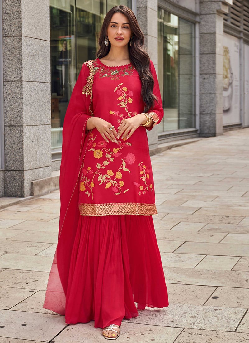 Hot Pink Jacquard Silk Embroidered Palazzo Suit After Six Wear