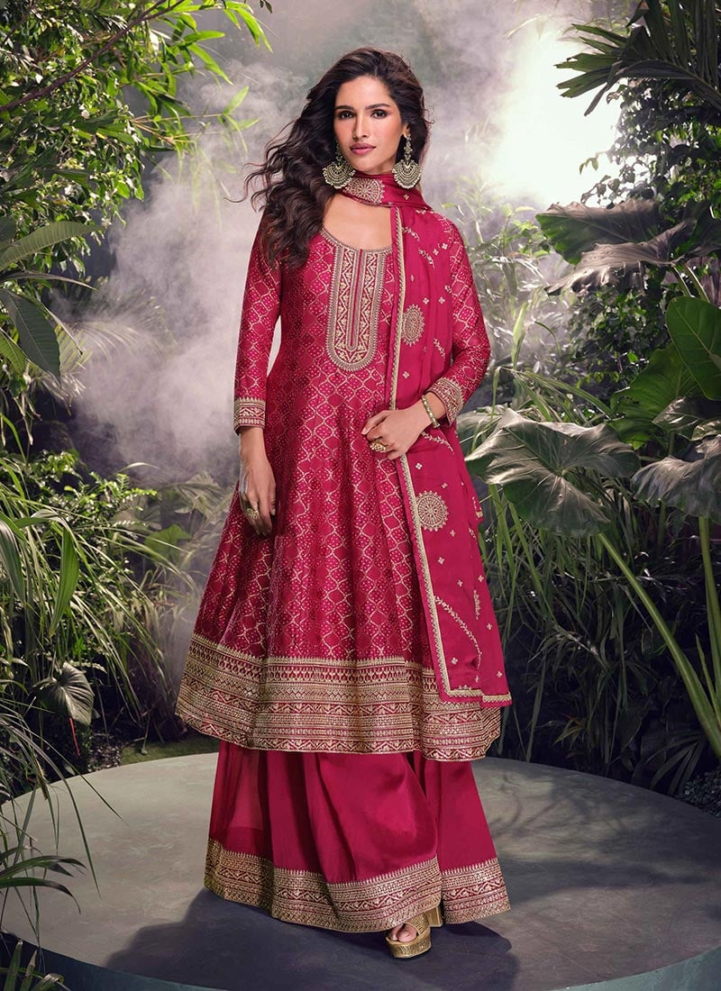 Pink Jacquard Silk Embroidered Sequins A Line Palazzo Suit Festive Wear