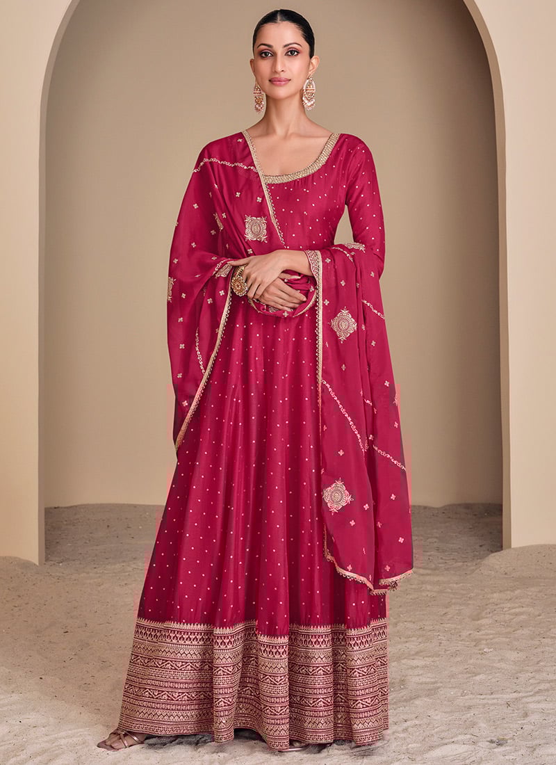 Pink Jacquard Silk Embroidered Sequins Anarkali Suit Festive Wear