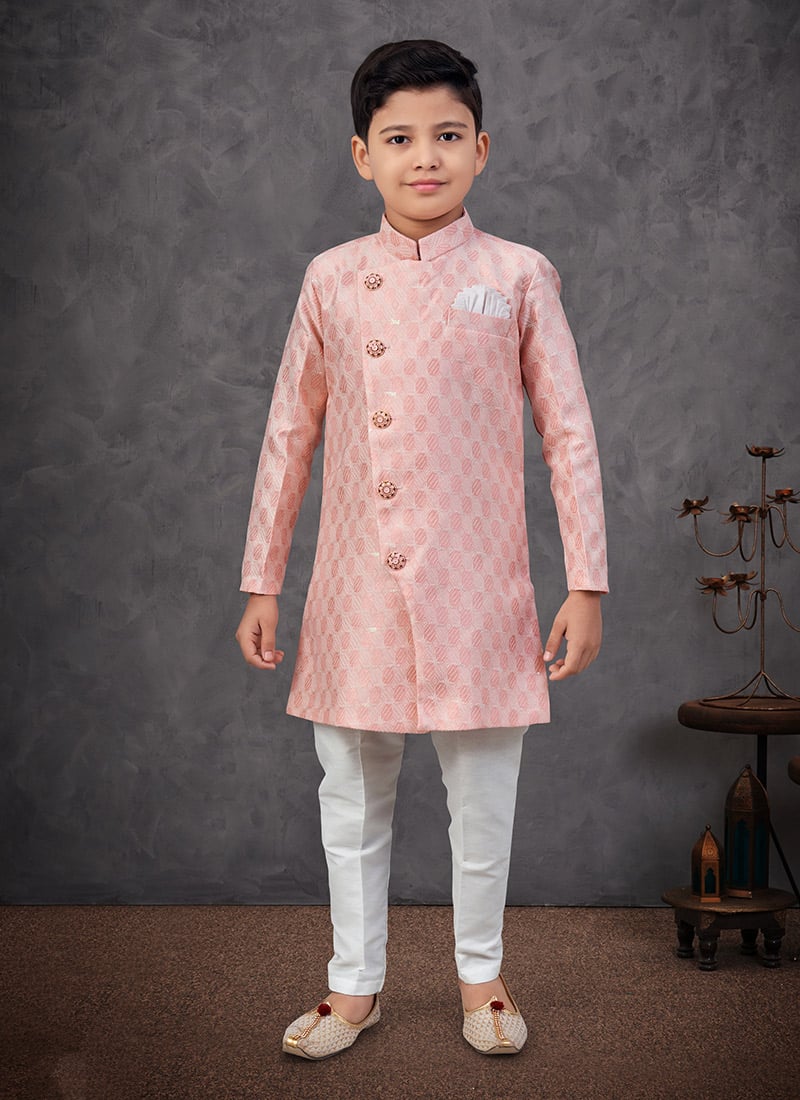 Pink Jacquard Silk Embroidered Sequins Boys Indowestern Sherwani Wedding Wear