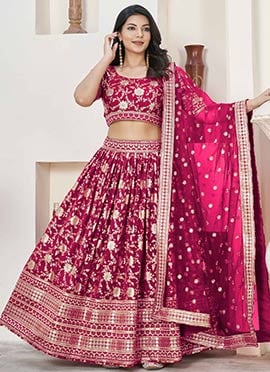 Pink Jacquard Silk Embroidered Umbrella Lehenga