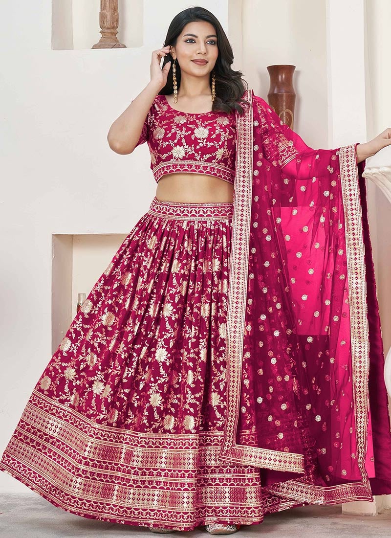 Pink Jacquard Silk Embroidered Umbrella Lehenga Party Wear