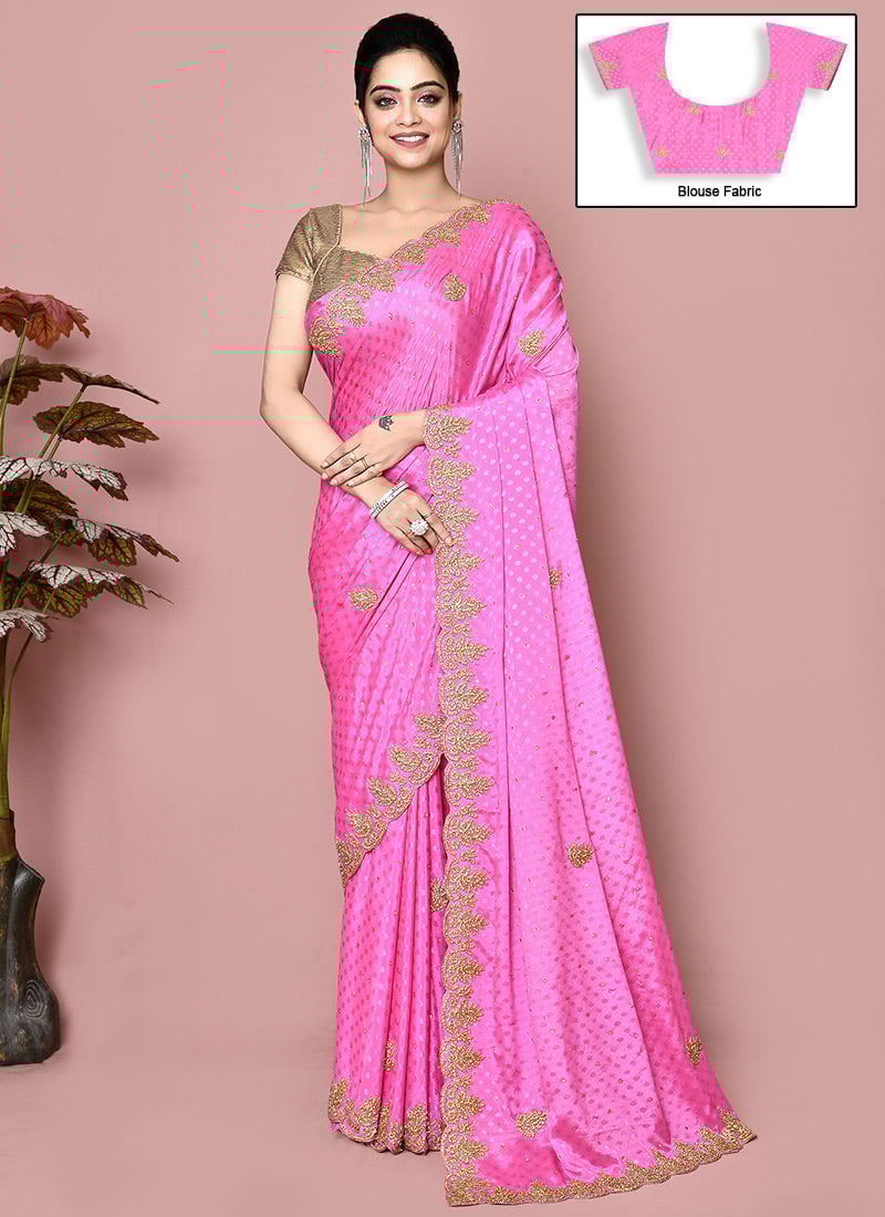 Pink Jacquard Silk Hand Embroidered Saree Wedding Wear
