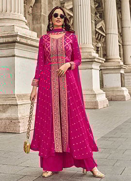 Pink Jacquard Silk Hand Work Embroidered High Slit Palazzo Suit