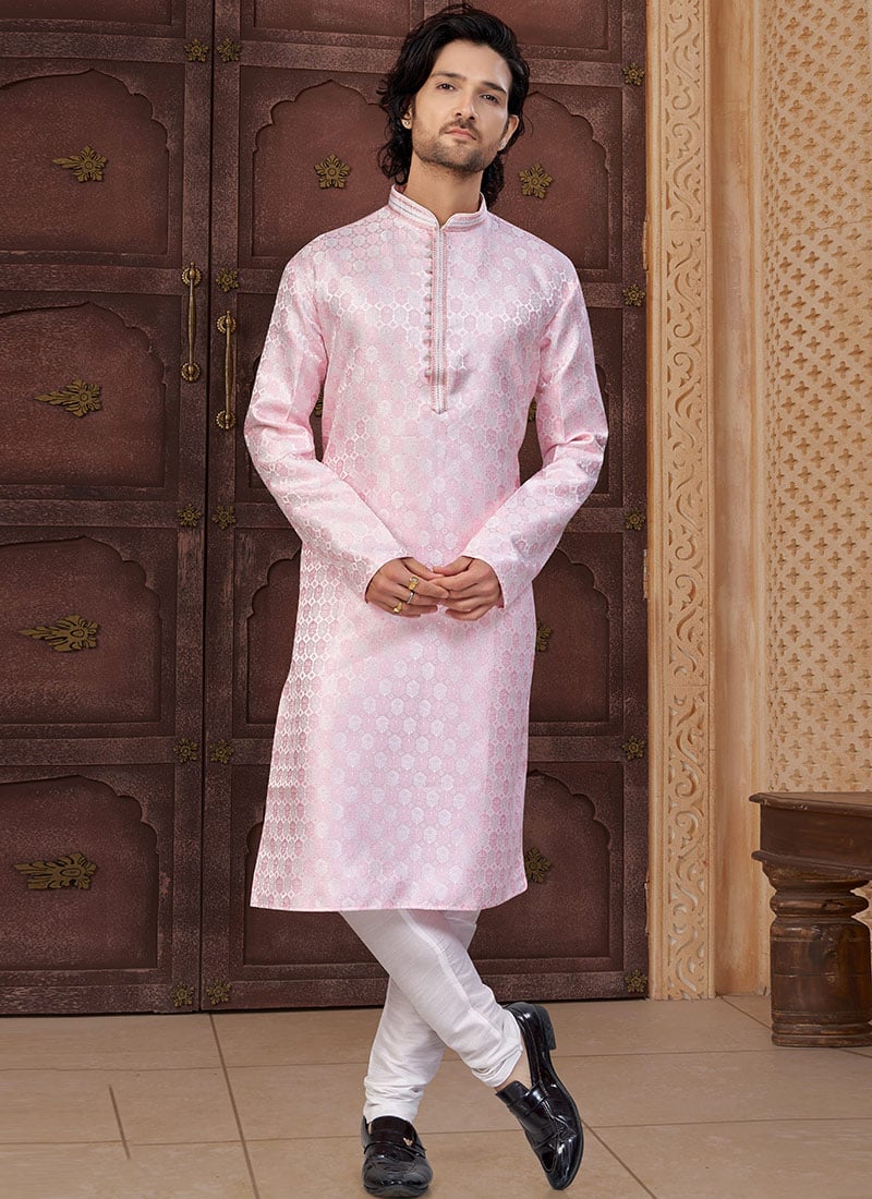 Pink Jacquard Silk Kurta Pyjama Festive Wear