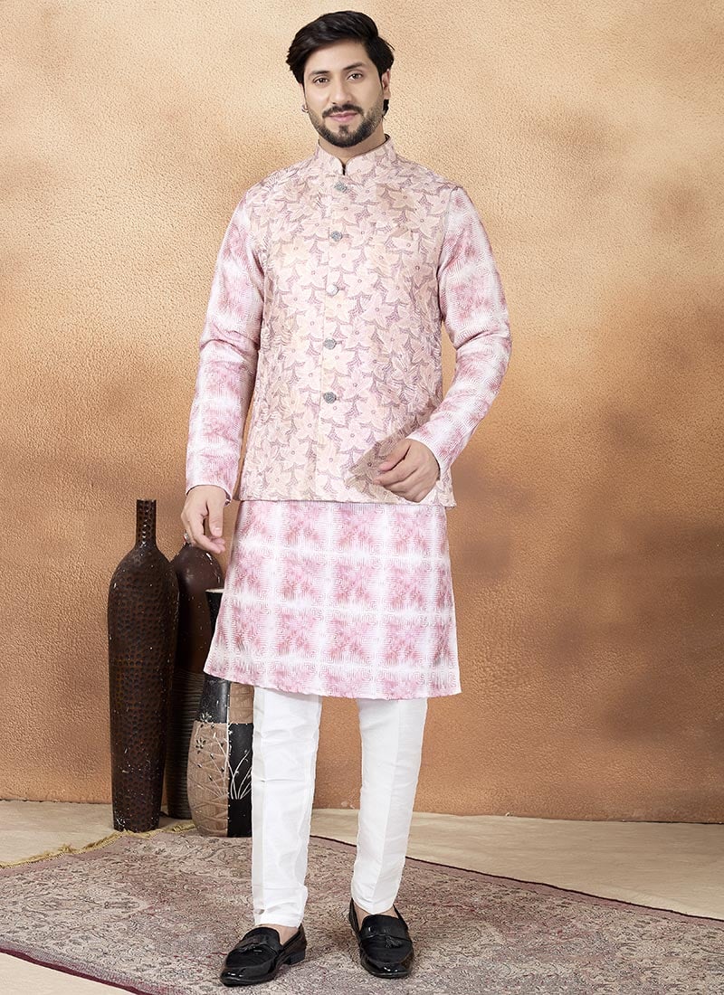 Pink Jacquard Silk Nehru Jacket For Men